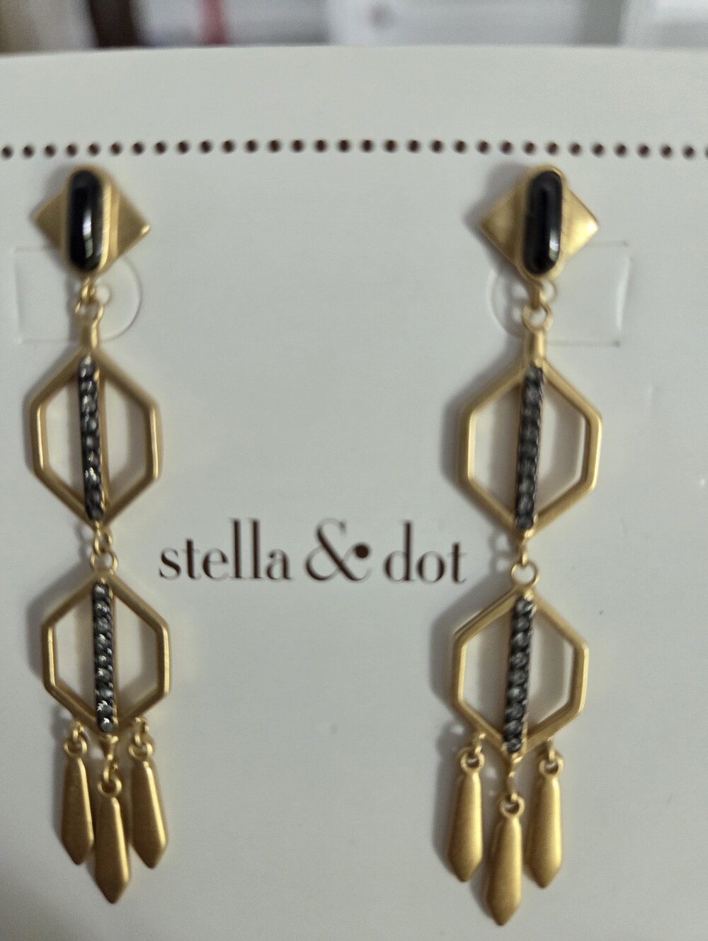 Stella & Dot Gold Hexagon Linear Drop Earrings with Black Accents